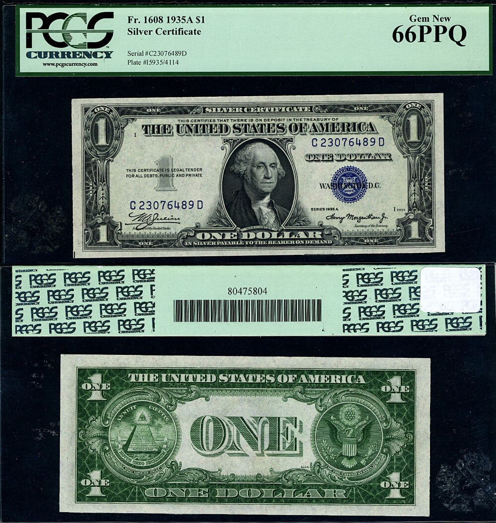 1935-A $1 Silver Certificate C-D Block Gem PCGS CU66 PPQ: 1935-A $1 Silver Certificate C-D Block Gem PCGS CU66 PPQ This 1935-A $1 Silver Certificate (FR. 1608) is a stunning example of numismatic beauty, graded as Gem CU66 PPQ by PCGS. The note boasts excell
