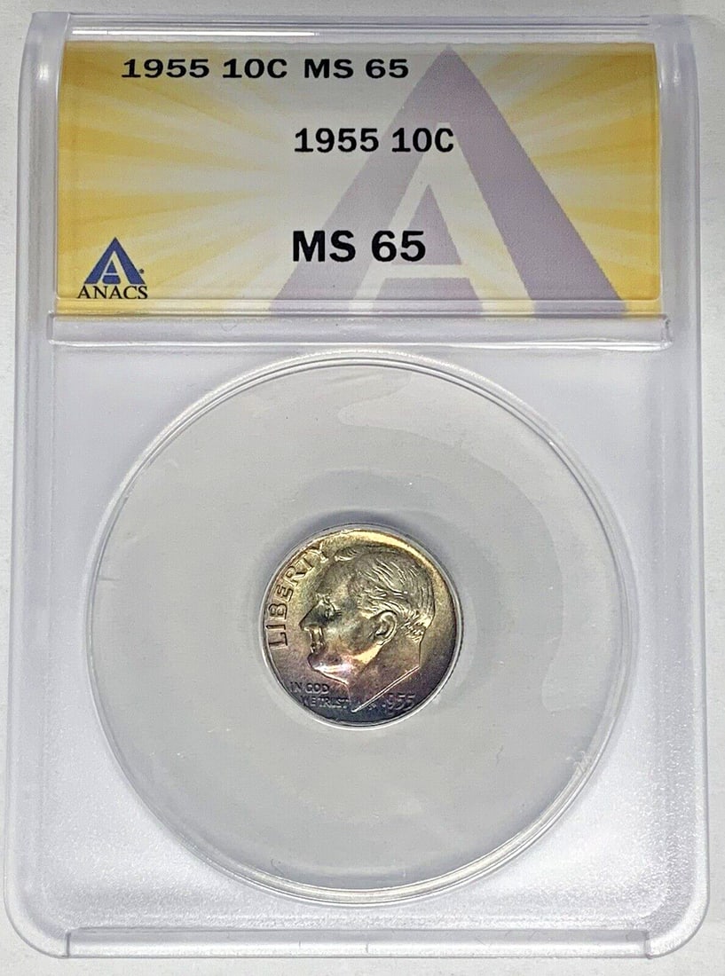 ANACS MS 65 1955 Silver Roosevelt Dime Toned Uncirculated 10C Coin: ANACS MS 65 1955 Silver Roosevelt Dime Toned Uncirculated 10C Coin This 1955 Roosevelt Dime is a 10-cent coin from the United States, featuring attractive toning. Struck in silver, it is certified by 