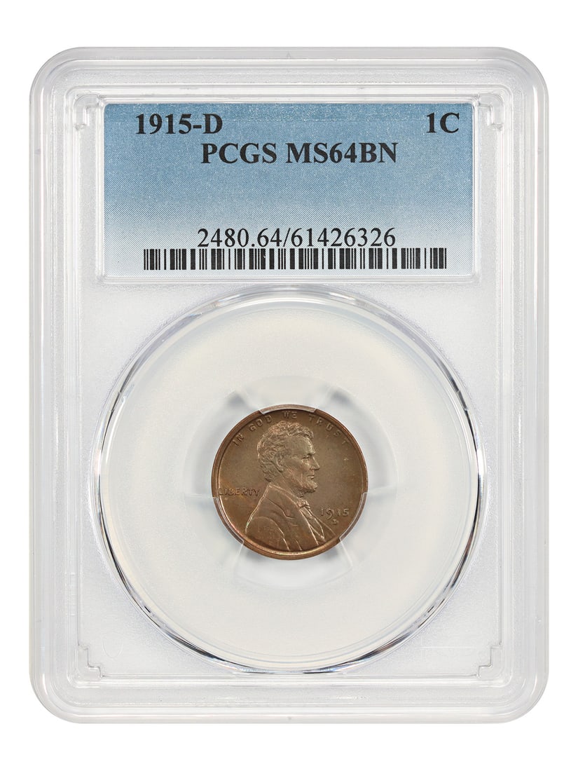 PCGS MS64BN 1915-D Lincoln Wheat Cent Uncirculated Denver Mint: PCGS MS64BN 1915-D Lincoln Wheat Cent Uncirculated Denver Mint This 1915-D Lincoln Cent features the classic Wheat Reverse design and has been graded MS64BN by PCGS. Struck at the Denver Mint, this un