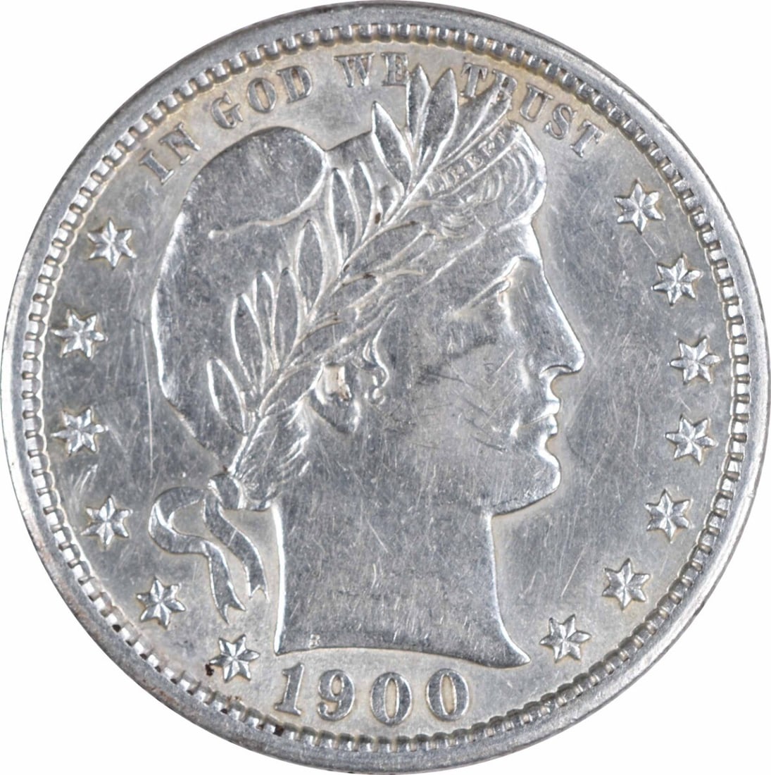 1900-S Barber Quarter AU Uncertified 90% Silver Coin: 1900-S Barber Quarter AU Uncertified 90% Silver Coin This 1900-S Barber Silver Quarter is a striking example from the San Francisco mint, showcasing the artistry of designer Charles E. Barber. Graded 