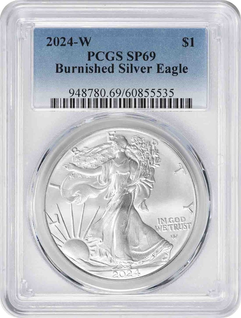 American Eagle 2024-W Burnished Silver Dollar SP69 Certified by PCGS: American Eagle 2024-W Burnished Silver Dollar SP69 Certified by PCGS This 2024-W American Silver Eagle is a burnished coin certified SP69 by PCGS. Struck at the West Point Mint, it contains 1 oz of .9
