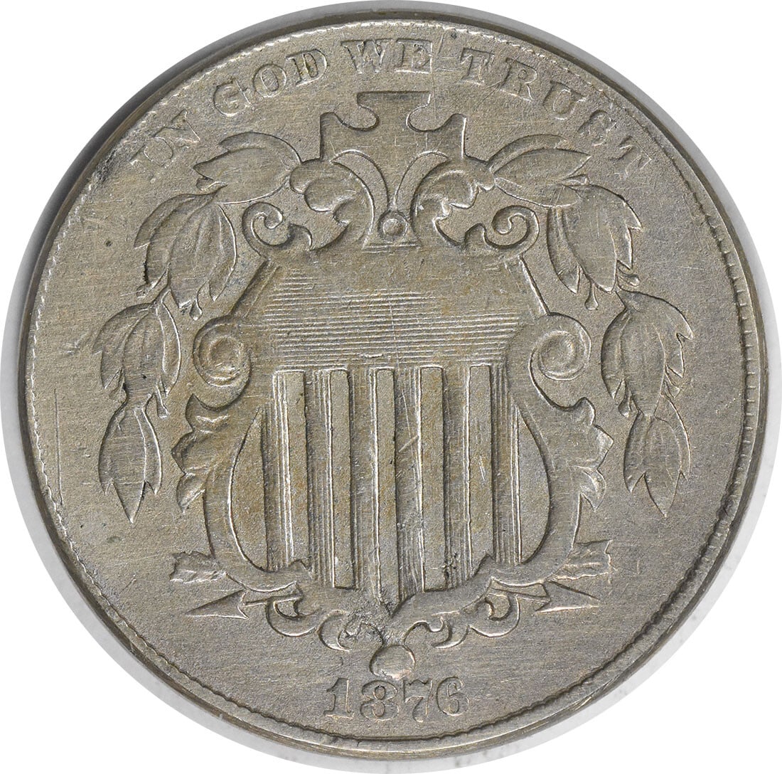 1876 Shield Nickel VF Philadelphia Mint 5C Coin by Longacre: 1876 Shield Nickel VF Philadelphia Mint 5C Coin by Longacre This 1876 Shield Nickel is an excellent addition for any coin collector. It features a design by James Barton Longacre and is composed of 75
