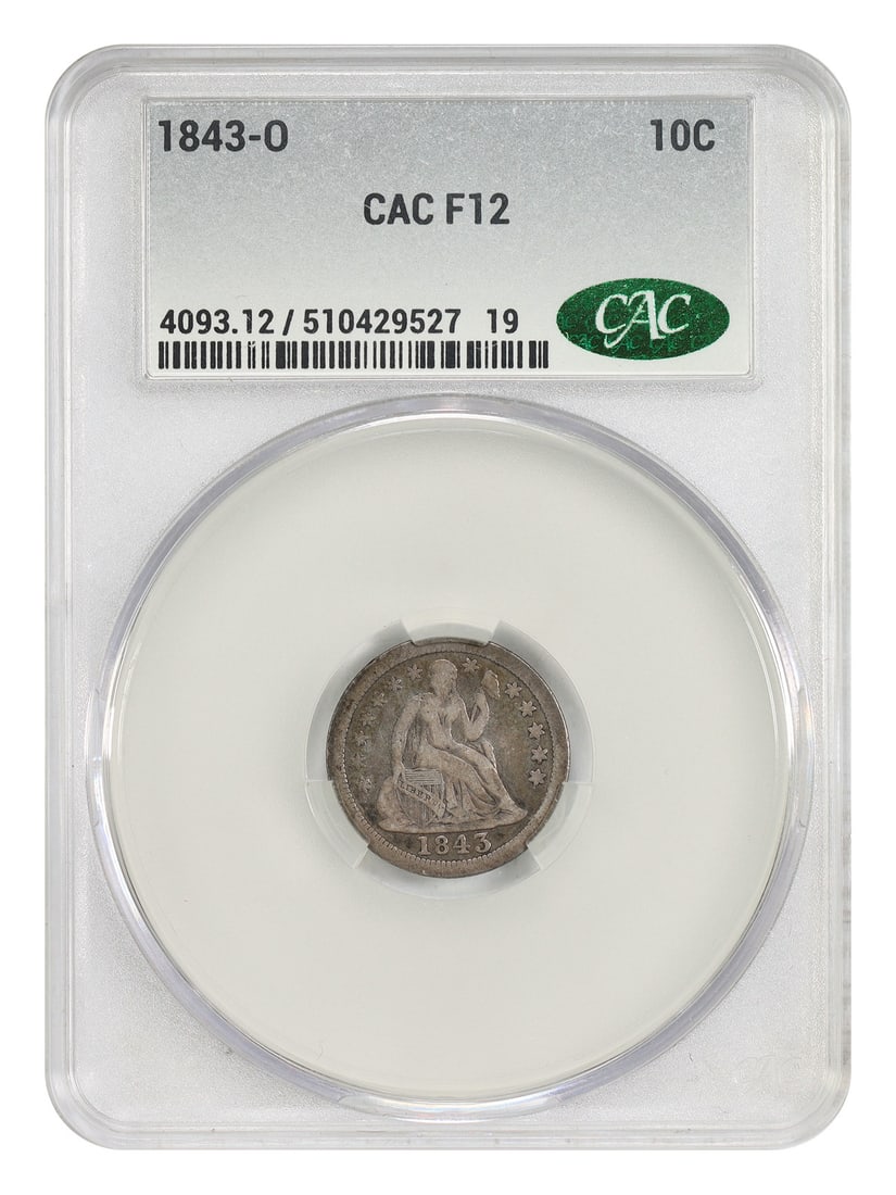 CACG Certified 1843-O Liberty Seated Dime Fine 12 New Orleans Mint: CACG Certified 1843-O Liberty Seated Dime Fine 12 New Orleans Mint This 1843-O Liberty Seated Dime is a circulated coin graded Fine 12 and certified by CACG. Struck in New Orleans, it is recognized wi