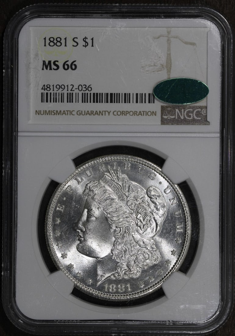 NGC MS66 CAC 1881 San Francisco Morgan Silver Dollar Gem Uncirculated: NGC MS66 CAC 1881 San Francisco Morgan Silver Dollar Gem Uncirculated This is an un-used 1881-S Morgan Silver Dollar graded MS66 by NGC and certified by CAC. Minted in San Francisco, this superb gem f