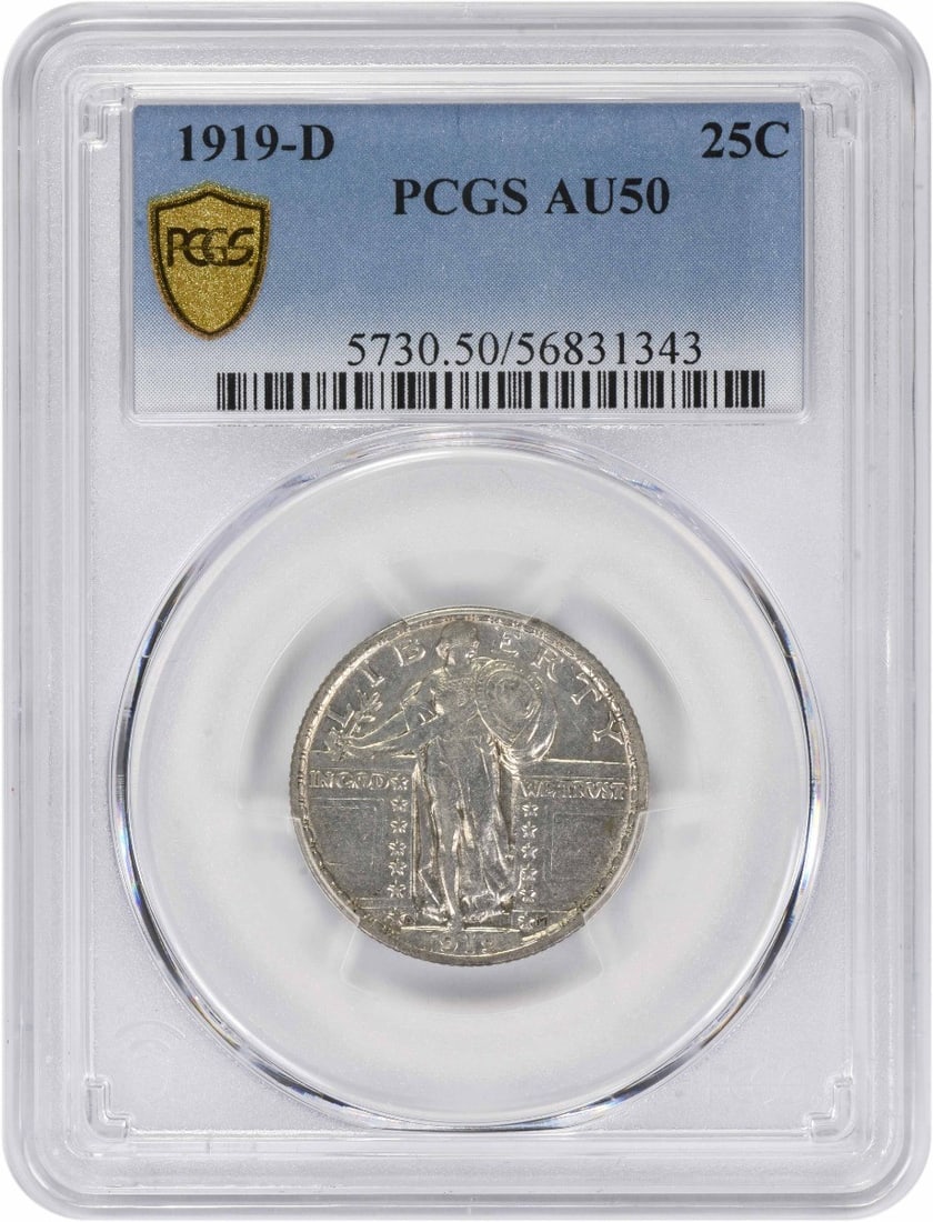 PCGS AU50 1919 Denver Mint Standing Liberty 25C Silver Quarter: PCGS AU50 1919 Denver Mint Standing Liberty 25C Silver Quarter This 1919-D Standing Liberty Quarter is a circulated coin from the United States, certified by PCGS with a grade of AU50. Minted in Denve