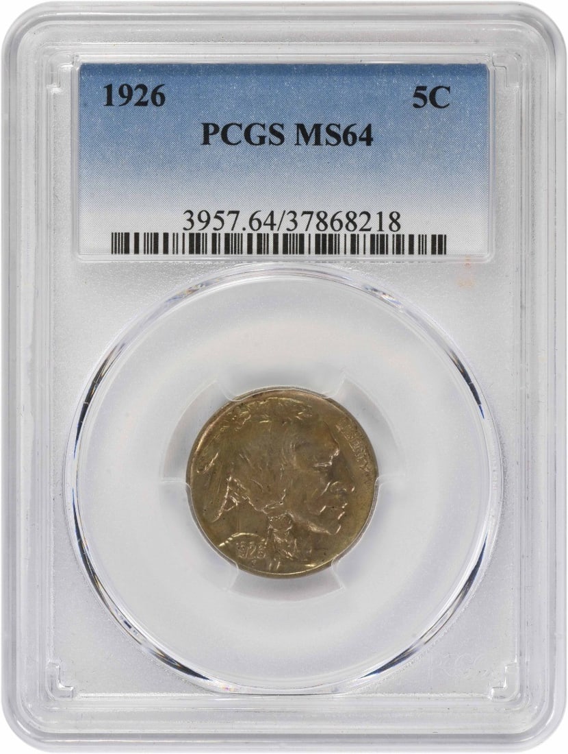 1926 United States Buffalo Nickel Graded MS64 by PCGS: 1926 United States Buffalo Nickel Graded MS64 by PCGS This is a 1926 Buffalo Nickel graded MS64 by PCGS. Struck in nickel and originating from the United States, this uncirculated 5 cent coin features