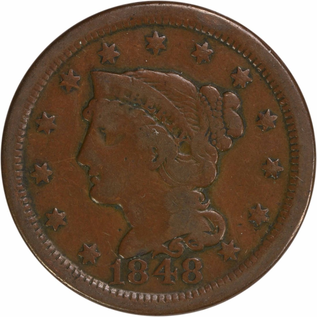 1848 Large Cent VF Braided Hair Coin Christian Gobrecht: 1848 Large Cent VF Braided Hair Coin Christian Gobrecht This 1848 Large Cent features a design by renowned engraver Christian Gobrecht. The coin is a Braided Hair type, minted in Philadelphia, and is 