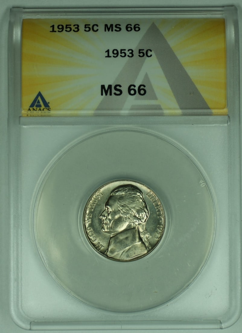 1953 Jefferson Nickel 5C ANACS MS 66 Uncirculated Coin: 1953 Jefferson Nickel 5C ANACS MS 66 Uncirculated Coin This 1953 Jefferson Nickel is a remarkable collectible coin certified by ANACS with a grade of MS 66. It features the iconic Jefferson design and