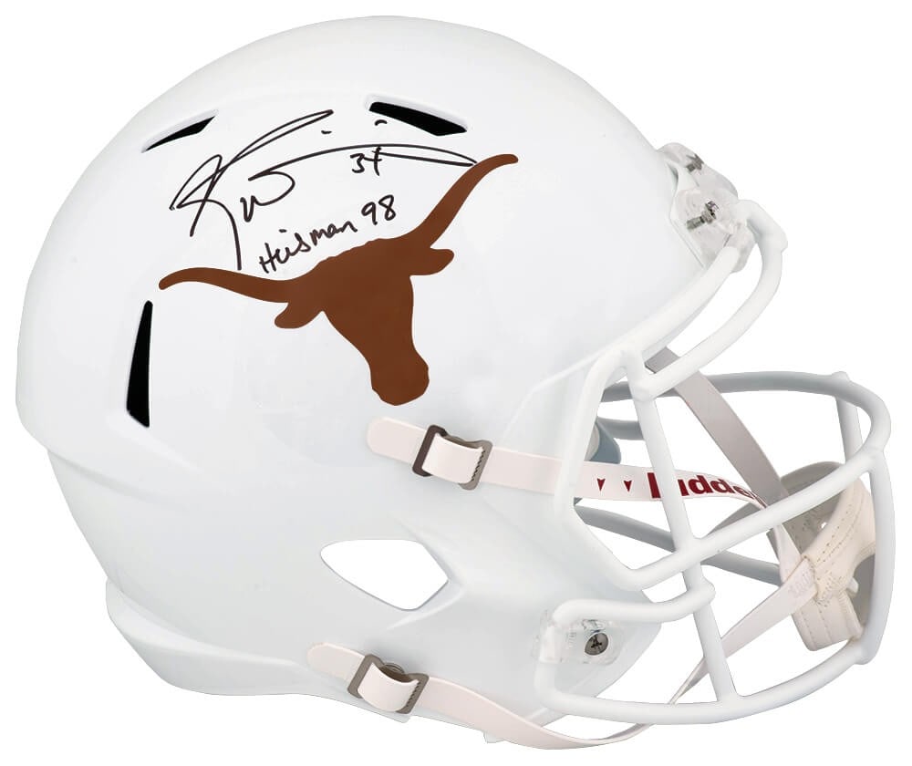 Ricky Williams Signed Texas Longhorns Helmet with Heisman 1998 Inscription SS COA: Ricky Williams Signed Texas Longhorns Helmet with Heisman 1998 Inscription SS COA This is a remarkable full-size speed replica helmet of Ricky Williams, signed by the NFL star himself. The helmet show