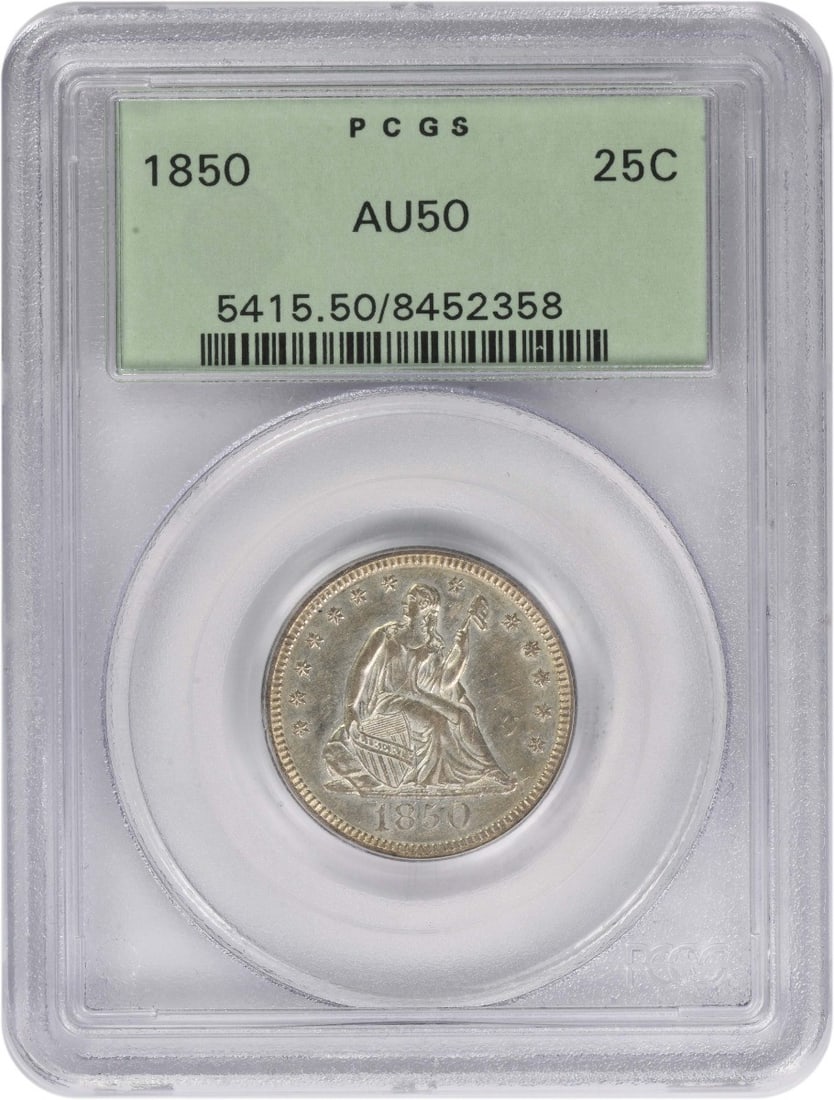 1850 Seated Liberty Quarter 90 Percent Silver Graded AU50 by PCGS: 1850 Seated Liberty Quarter 90 Percent Silver Graded AU50 by PCGS This is an 1850 Liberty Seated Silver Quarter, graded AU50 by PCGS. Struck in Philadelphia, this coin features a composition of 90% si