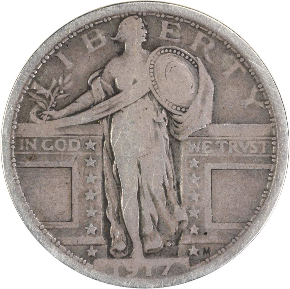 1917 Standing Liberty Silver Quarter 25C VF Uncertified US Coin: 1917 Standing Liberty Silver Quarter 25C VF Uncertified US Coin This 1917 Standing Liberty Silver Quarter, designated as Type 1, showcases a Vintage Fine (VF) grade and is a beautiful representation o