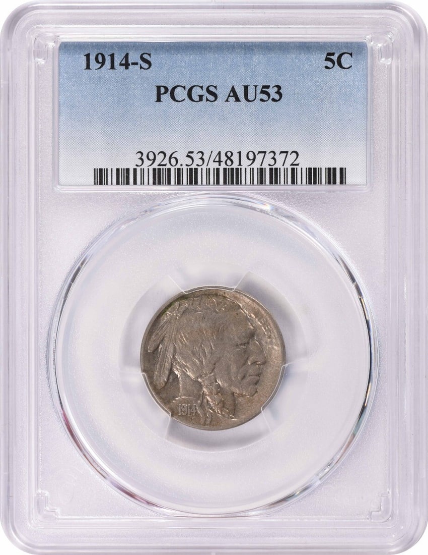 1914-S Buffalo Nickel AU53 PCGS Certified Circulated Coin: 1914-S Buffalo Nickel AU53 PCGS Certified Circulated Coin This 1914-S Buffalo Nickel is certified by PCGS and graded AU53, showcasing its excellent condition for a circulated coin. The Buffalo Nickel,