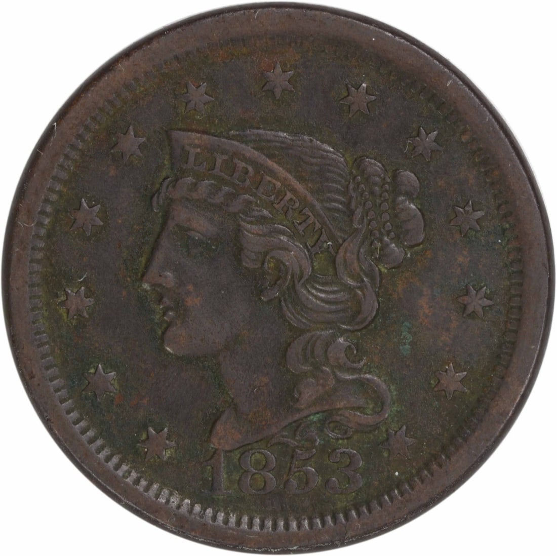 1853 Braided Hair Large Cent Copper EF Uncertified Coin: 1853 Braided Hair Large Cent Copper EF Uncertified Coin This 1853 Large Cent features a striking design known as the Braided Hair, crafted from copper. Struck at the Philadelphia mint, this coin is cl