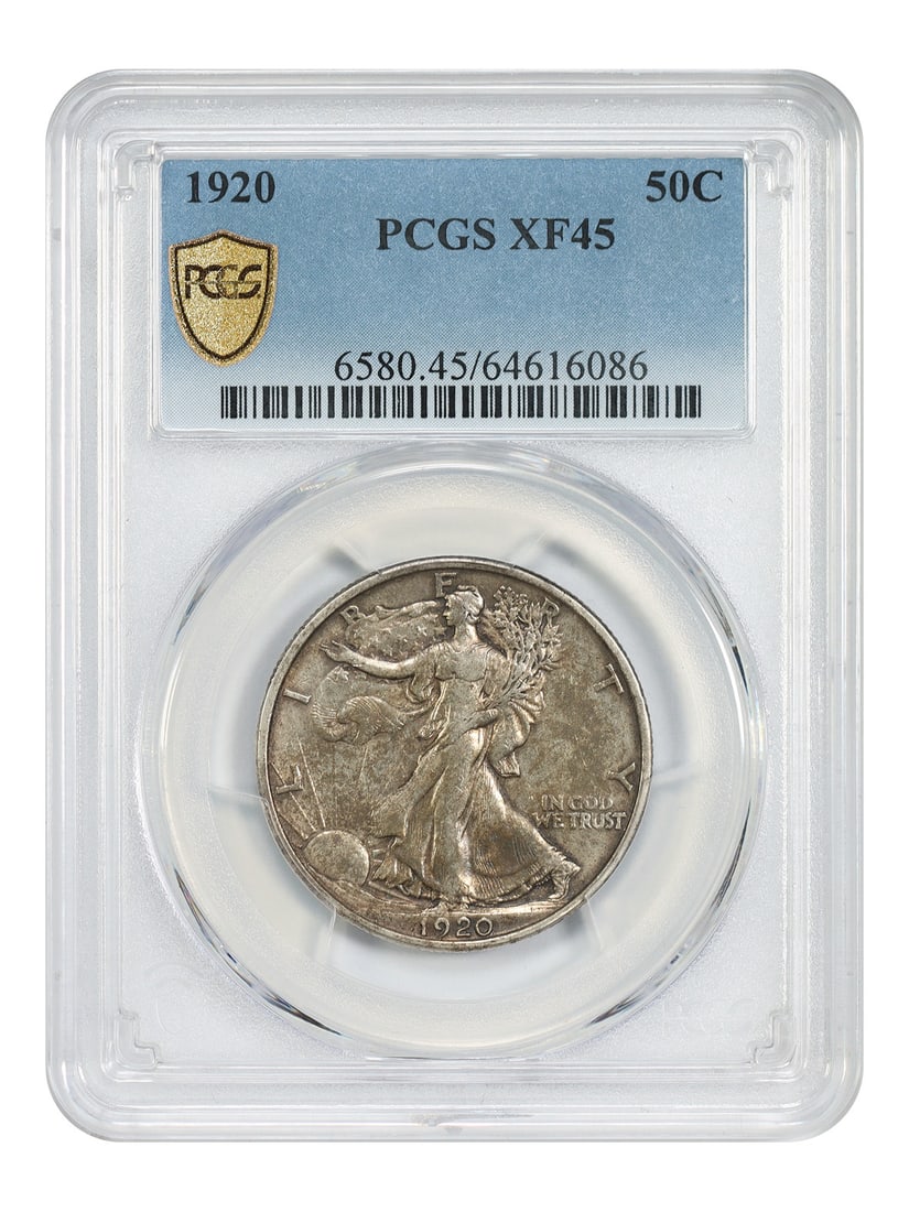 Walking Liberty 1920 Half Dollar PCGS XF45 Philadelphia: Walking Liberty 1920 Half Dollar PCGS XF45 Philadelphia This is a 1920 Walking Liberty Half Dollar graded XF45 by PCGS. The coin has been circulated and was struck at the Philadelphia Mint. It belongs
