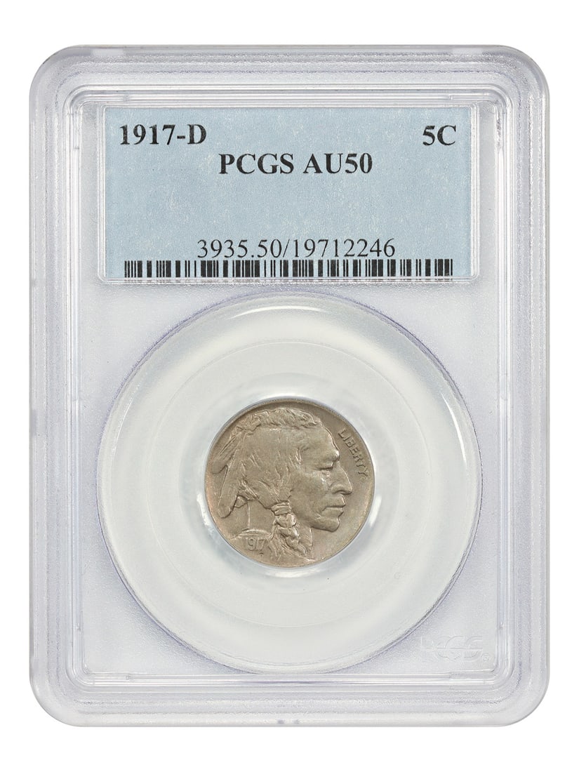 PCGS AU50 1917 Denver Buffalo Nickel Five Cent Coin: PCGS AU50 1917 Denver Buffalo Nickel Five Cent Coin This 1917-D Buffalo Nickel is certified by PCGS with a grade of AU50. Struck at the Denver Mint, this circulated coin is part of the Buffalo Nickel 