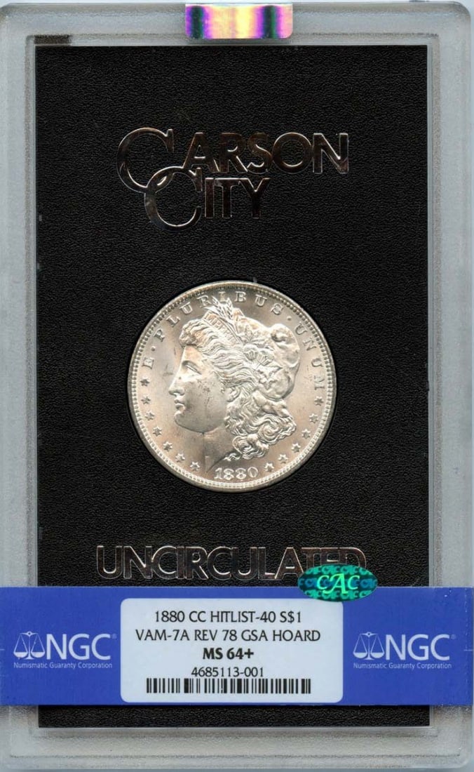 NGC MS64 Plus 1880 Carson City Morgan Silver Dollar GSA Hoard CAC: NGC MS64 Plus 1880 Carson City Morgan Silver Dollar GSA Hoard CAC This 1880-CC Morgan Dollar features the VAM 7A variety and Reverse of 1878. It is part of the GSA Hoard and has been certified by NGC 