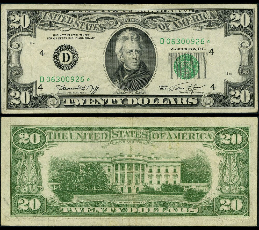 1974 $20 Federal Reserve Note Cleveland Very Fine Star Uncertified: 1974 $20 Federal Reserve Note Cleveland Very Fine Star Uncertified This is a circulated 1974 Federal Reserve Note with a denomination of $20 from the Cleveland branch, designated as FR. 2071 D*. It is