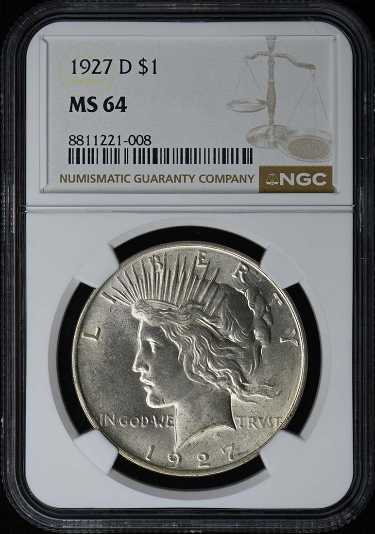 NGC MS64 1927 Denver Mint Peace Silver Dollar: NGC MS64 1927 Denver Mint Peace Silver Dollar This 1927-D Peace Dollar is certified by NGC with a grade of MS64. Struck at the Denver Mint, this uncirculated coin is a pre-owned collectible from the U