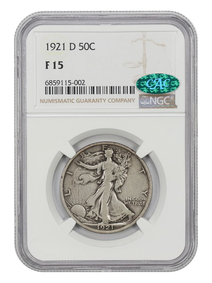 Walking Liberty 1921 Denver Half Dollar NGC CAC Fine 15 Key Date: Walking Liberty 1921 Denver Half Dollar NGC CAC Fine 15 Key Date This 1921-D Walking Liberty Half Dollar is a key date in the series, recognized for its low mintage with only 208,000 coins struck at t