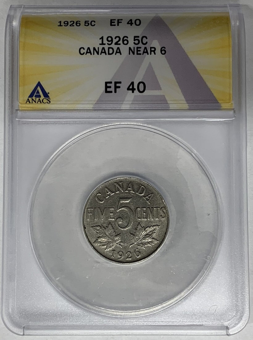 ANACS XF 40 1926 Canada 5c Near 6 Certified Coin: ANACS XF 40 1926 Canada 5c Near 6 Certified Coin This 1926 Canada 5 cent coin features the 'Near 6' variety and has been graded XF 40 by ANACS. The coin is circulated and comes from Canada, offering c