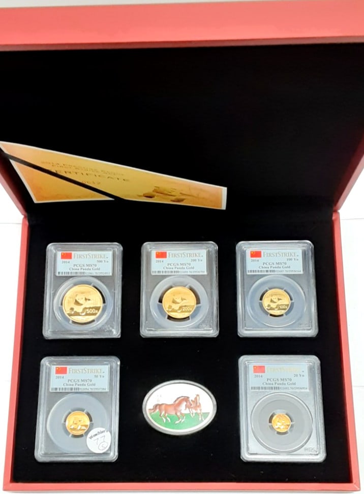2014 Gold Panda Five-Coin Set PCGS MS70 First Strike in Original Packaging with COA: 2014 Gold Panda Five-Coin Set PCGS MS70 First Strike in Original Packaging with COA This 2014 China Gold Panda 5-coin set features denominations of 500, 200, 100, 50, and 20 Yuan. The set includes coi
