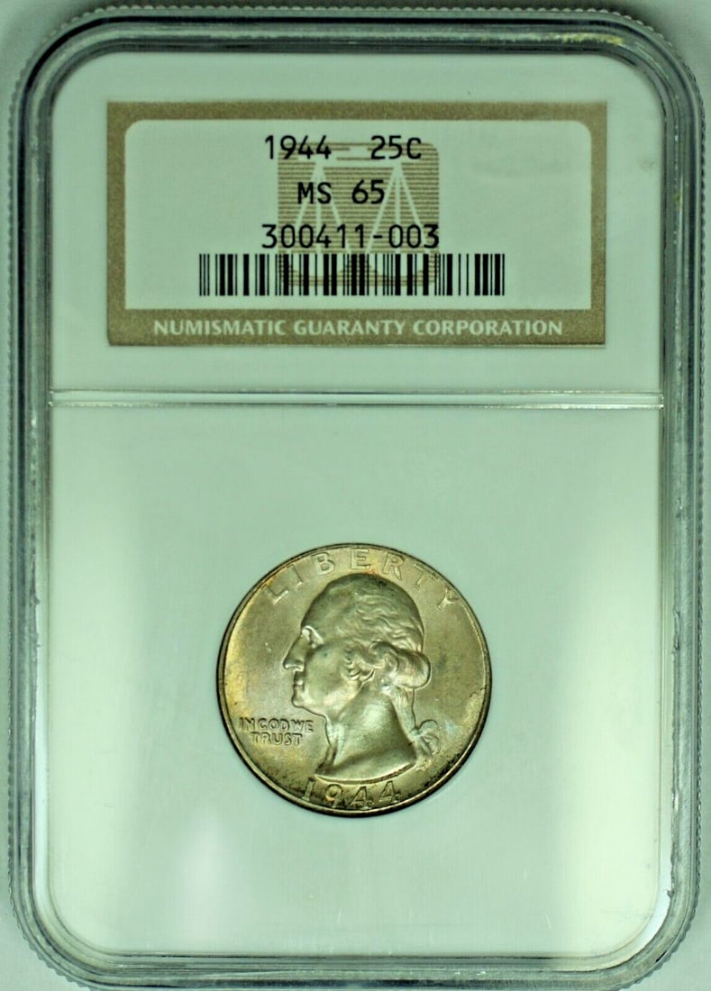1944 Silver Washington Quarter NGC MS 65 Toned 25C United States Coin: 1944 Silver Washington Quarter NGC MS 65 Toned 25C United States Coin This 1944 Washington Silver Quarter features attractive toning and is graded MS 65 by NGC. The coin is uncirculated and composed o