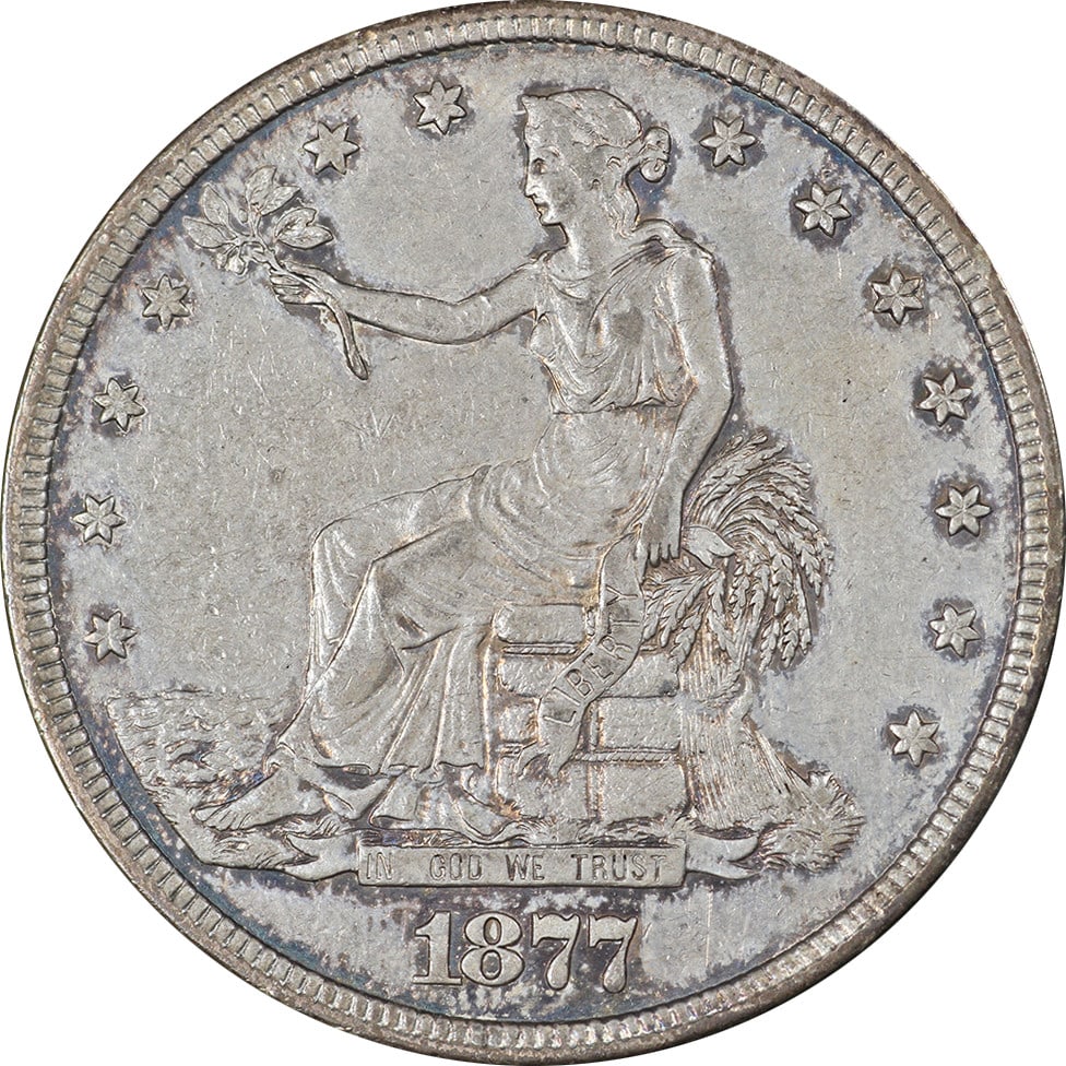 1877-P Trade Dollar Silver Coin Nice XF/AU Eye Appeal: 1877-P Trade Dollar Silver Coin Nice XF/AU Eye Appeal This 1877-P Trade Dollar showcases a nice XF/AU grade with decent eye appeal and a remarkable strike. The coin has been circulated and features ol
