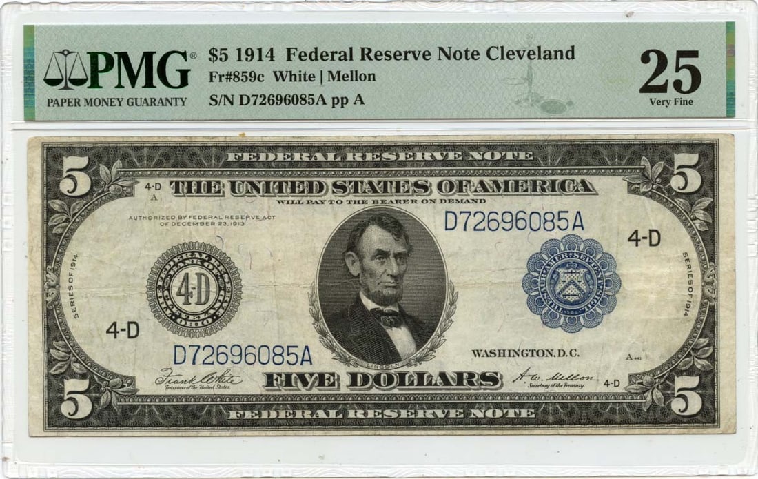 1914 Cleveland $5 Federal Reserve Note PMG VF25 FR 859c: 1914 Cleveland $5 Federal Reserve Note PMG VF25 FR 859c This 1914 $5 Federal Reserve Note from Cleveland is a circulated example with a PMG VF25 grade. Issued by the United States, it is a pre-owned c