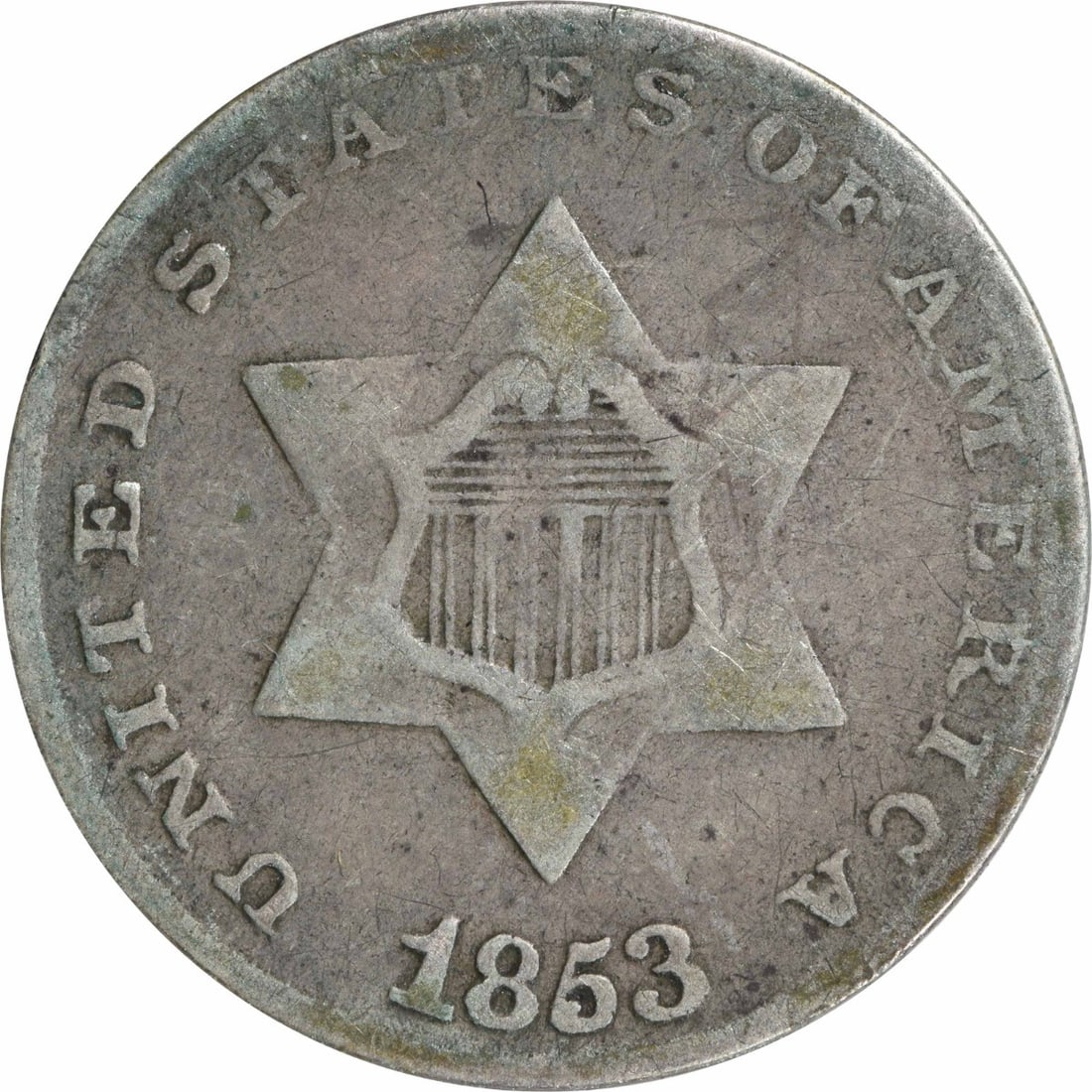1853 Three Cent Silver Coin Uncertified Philadelphia Mint: 1853 Three Cent Silver Coin Uncertified Philadelphia Mint This 1853 Three Cent Silver coin, minted in Philadelphia, features a composition of 75% silver and 25% copper. It is in a Very Good (VG) condi