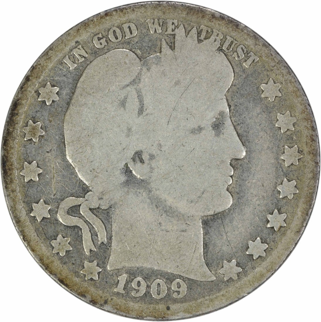 1909-O Barber Silver Quarter 25C G Circulated Uncertified: 1909-O Barber Silver Quarter 25C G Circulated Uncertified This 1909-O Barber Silver Quarter is a notable piece of American numismatic history. Struck at the New Orleans mint, this coin features the ic