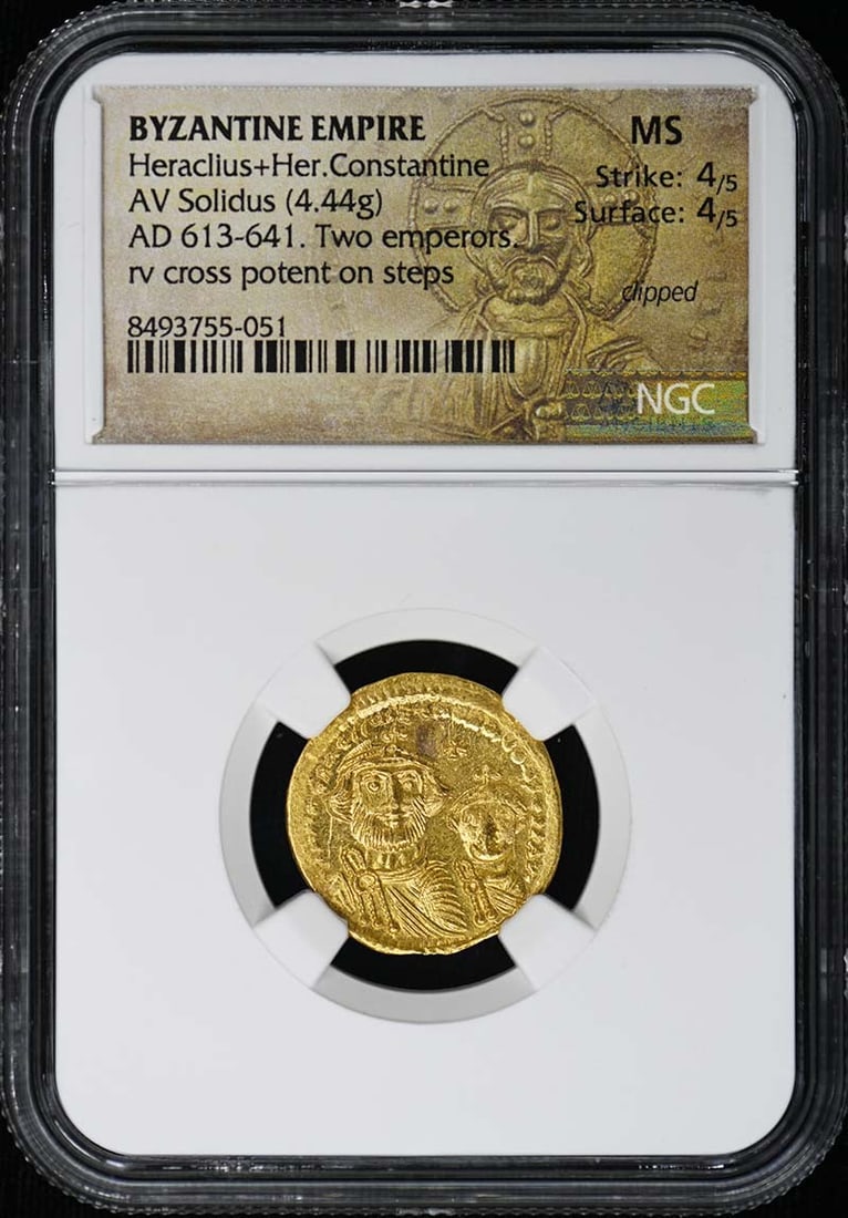 NGC MS Gold Solidus Coin of Heraclius and Heraclius Constantine: NGC MS Gold Solidus Coin of Heraclius and Heraclius Constantine This is a Byzantine Empire AV Solidus coin featuring Heraclius and Heraclius Constantine. The coin has been certified by NGC with a grad