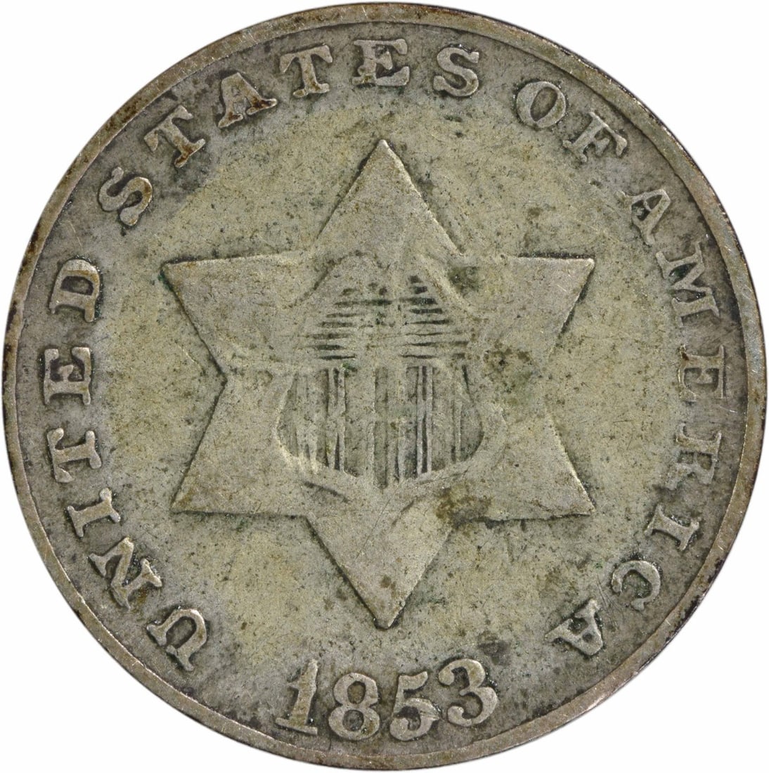 1853 Three Cent Silver Coin Uncertified F Grade US Mint Philadelphia: 1853 Three Cent Silver Coin Uncertified F Grade US Mint Philadelphia This 1853 Three Cent Silver coin features a design by James Barton Longacre and was minted in Philadelphia. Made of 75% silver and 