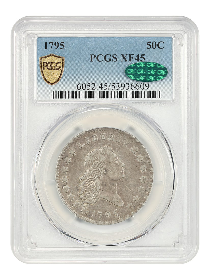 PCGS CAC XF45 1795 Flowing Hair Fifty Cent Coin Two-Year Type: PCGS CAC XF45 1795 Flowing Hair Fifty Cent Coin Two-Year Type This 1795 Flowing Hair Half Dollar is a rare two-year type coin, certified by PCGS and approved by CAC. The coin features attractive light