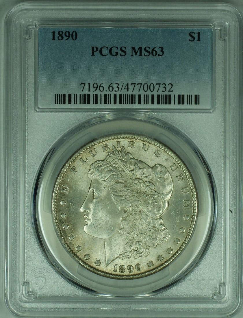 PCGS MS 63 1890 Morgan Silver Dollar Light Toning Certified Coin: PCGS MS 63 1890 Morgan Silver Dollar Light Toning Certified Coin This 1890 Morgan Silver Dollar features a lightly toned finish and is graded MS 63 by PCGS. The coin is uncirculated and composed of si