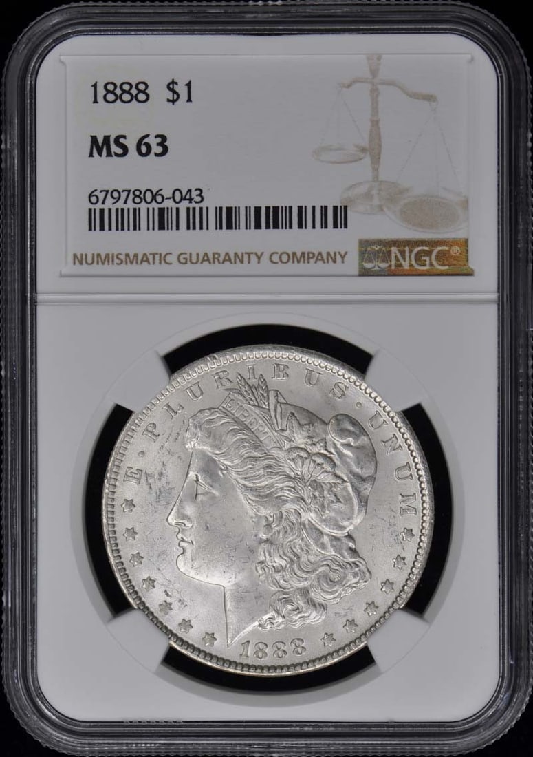 NGC MS63 Graded 1888 Morgan Silver Dollar from Philadelphia Mint: NGC MS63 Graded 1888 Morgan Silver Dollar from Philadelphia Mint This 1888 Morgan Dollar is certified by NGC with a grade of MS63, indicating an uncirculated coin. Minted in Philadelphia, it is a pre-