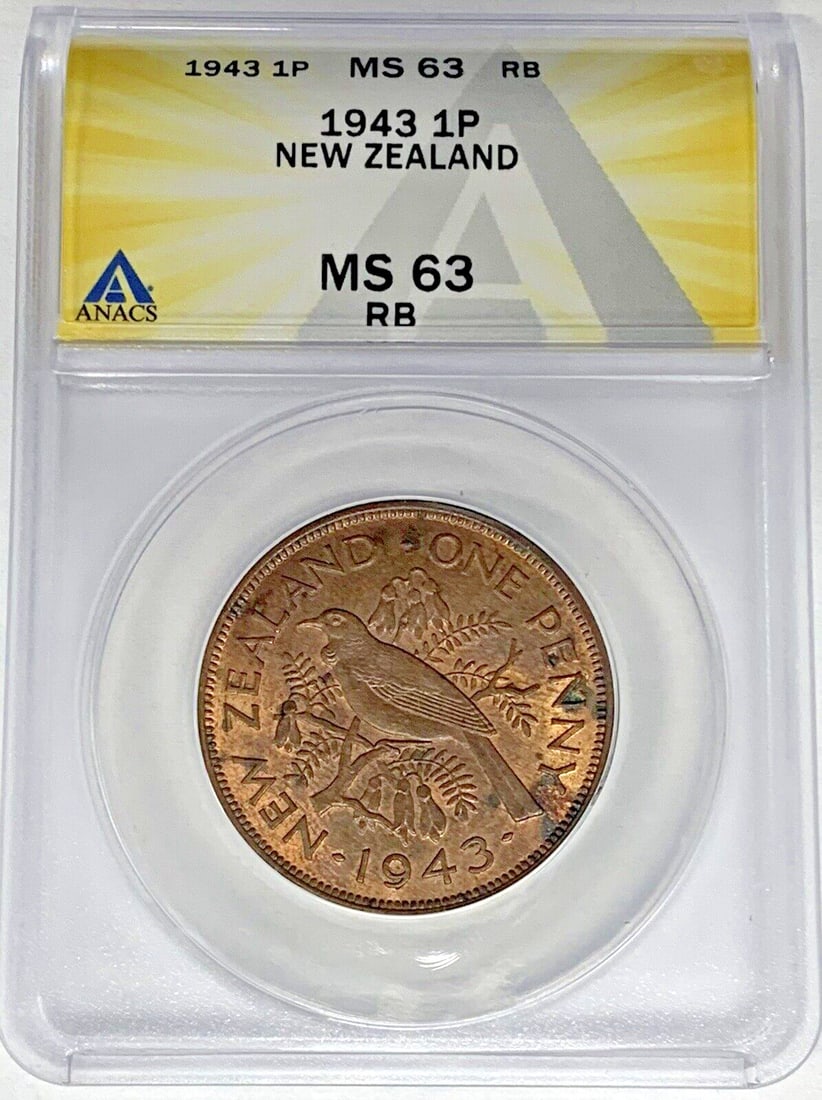 New Zealand 1943 Penny ANACS MS 63 RB Copper Coin: New Zealand 1943 Penny ANACS MS 63 RB Copper Coin This is a 1943 New Zealand 1 Penny coin, certified by ANACS with a grade of MS 63 RB. The coin is composed of copper and remains in uncirculated condi