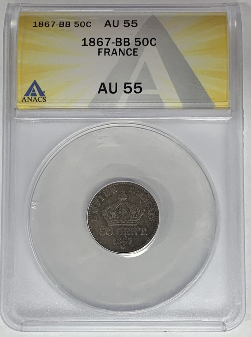 France 1867-BB 50 Centimes Silver Coin ANACS AU 55 Certified: France 1867-BB 50 Centimes Silver Coin ANACS AU 55 Certified This 1867-BB France 50 centimes coin is composed of silver and has been certified by ANACS with a grade of AU 55. It is a pre-owned collect