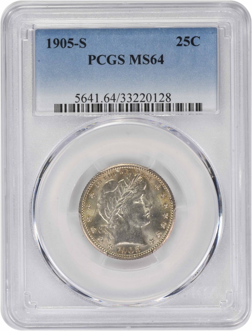 PCGS Graded 1905-S Barber 25C MS64 Silver San Francisco Mint Coin: PCGS Graded 1905-S Barber 25C MS64 Silver San Francisco Mint Coin This 1905-S Barber Silver Quarter has been certified by PCGS and graded MS64. Minted in San Francisco, this pre-owned coin features th
