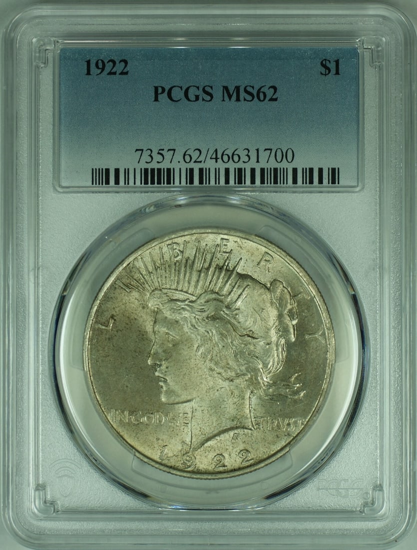 PCGS MS-62 1922 Peace Dollar Silver Coin With Light Toning: PCGS MS-62 1922 Peace Dollar Silver Coin With Light Toning This 1922 Peace Silver Dollar features light toning and is graded MS-62 by PCGS. Struck at the Philadelphia Mint, it is composed of 90% silve