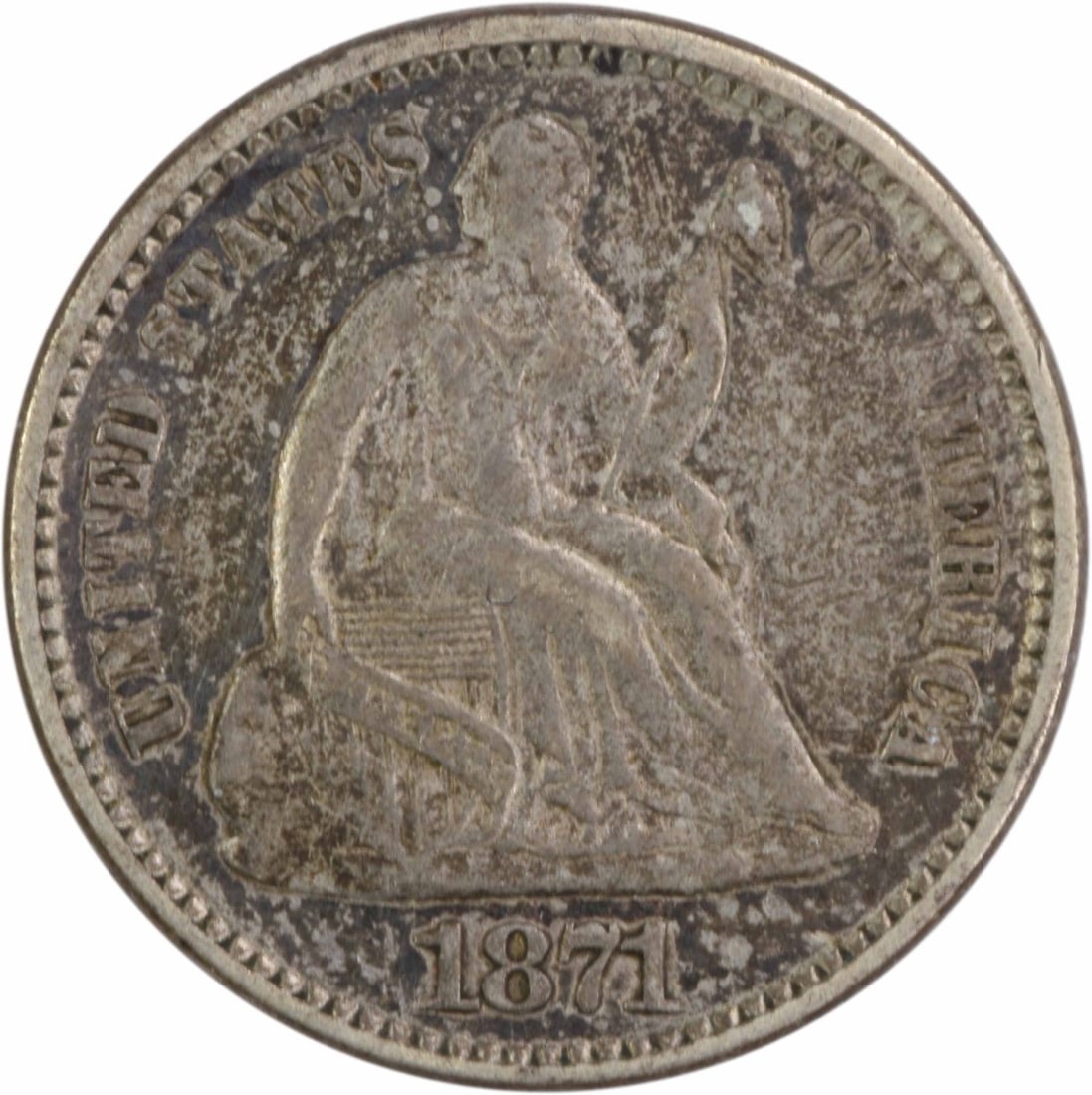1871 Liberty Seated Half Dime EF Uncertified 90% Silver: 1871 Liberty Seated Half Dime EF Uncertified 90% Silver This 1871 Liberty Seated Silver Half Dime is a remarkable piece of numismatic history. Struck in Philadelphia, this coin features a classic desi