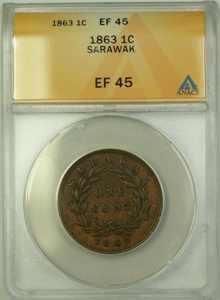 ANACS Graded Sarawak 1863 One Cent Coin EF 45 Certified: ANACS Graded Sarawak 1863 One Cent Coin EF 45 Certified This 1863 Sarawak 1 Cent coin is certified by ANACS with a grade of EF 45, indicating it is in extremely fine condition. Issued in Malaysia, thi