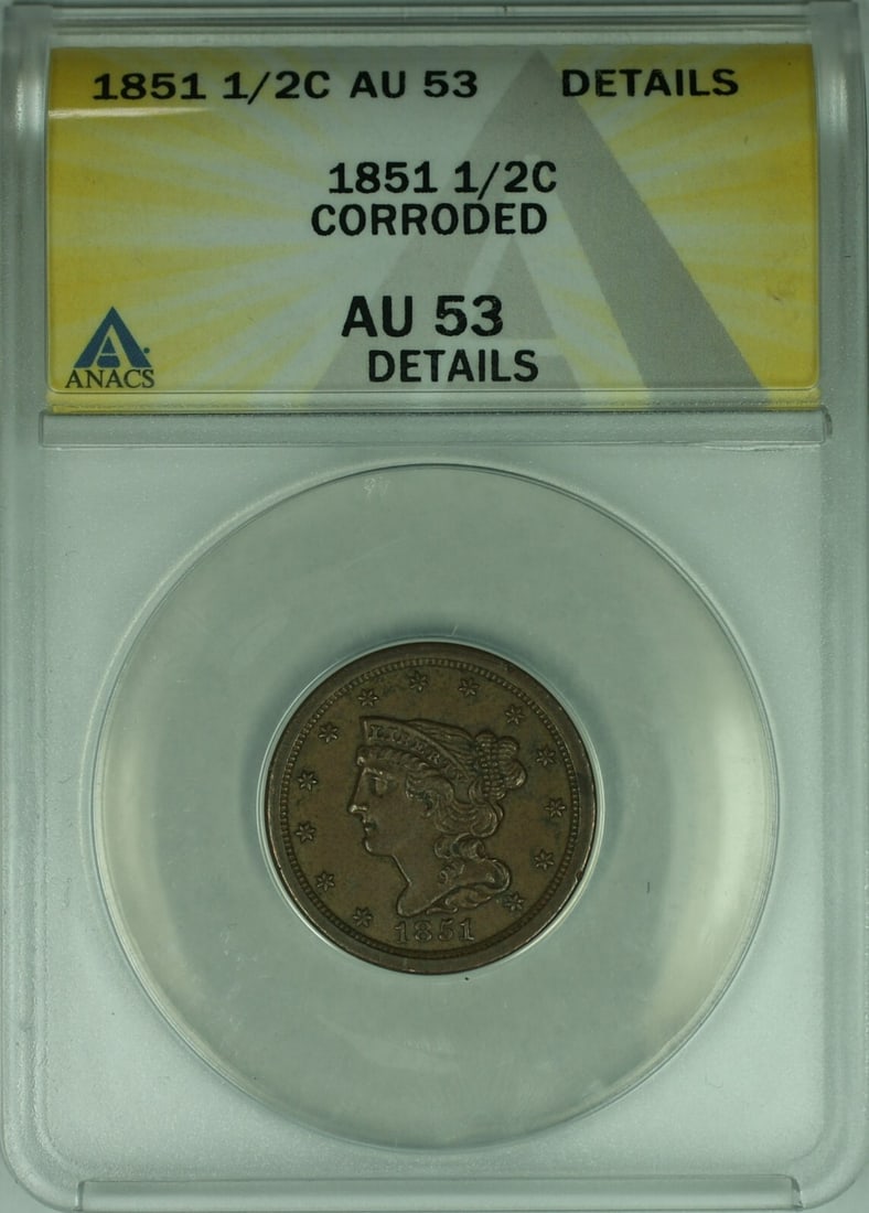 1851 Braided Hair Half Cent Copper ANACS AU-53 Details Corroded: 1851 Braided Hair Half Cent Copper ANACS AU-53 Details Corroded This is an 1851 Braided Hair Half Cent coin from the United States, composed of copper with a brown (BN) color. Graded AU-53 Details by 
