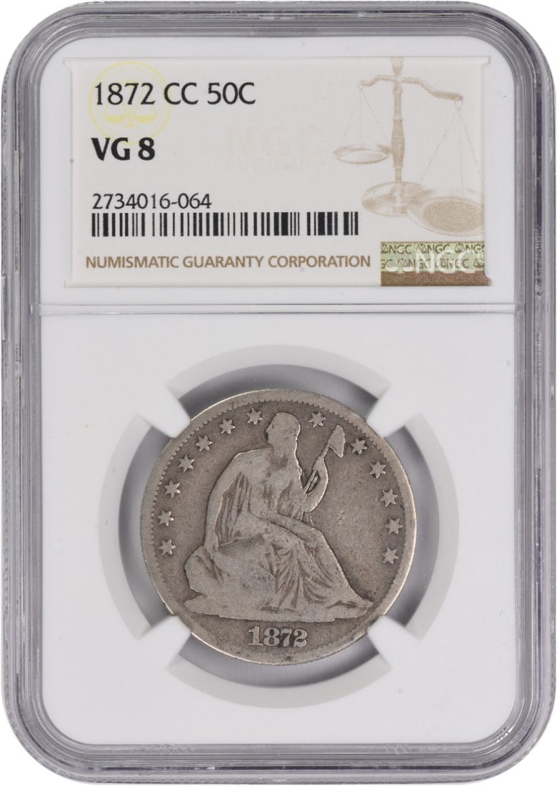 1872 Carson City Seated Liberty 50C Silver Coin Certified VG08 by NGC: 1872 Carson City Seated Liberty 50C Silver Coin Certified VG08 by NGC This is an 1872-CC Liberty Seated Silver Half Dollar graded VG08 by NGC. Minted in Carson City, this circulated coin features the 