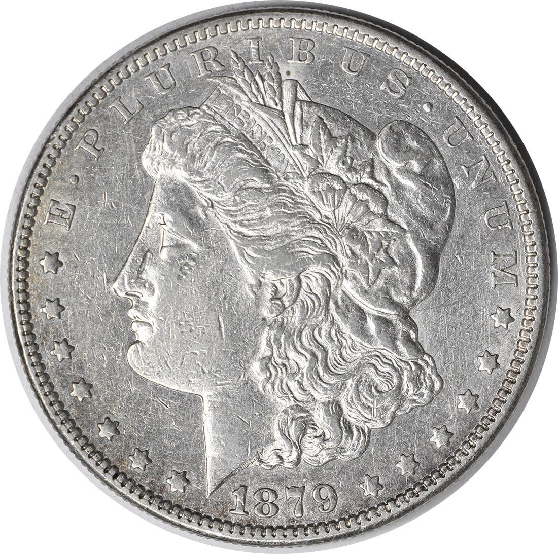 1879-S Morgan Silver Dollar Reverse of 1878 AU Uncertified Coin: 1879-S Morgan Silver Dollar Reverse of 1878 AU Uncertified Coin This 1879-S Morgan Silver Dollar features the Reverse of 1878 design, showcasing the artistry of designer George T. Morgan. The coin, st