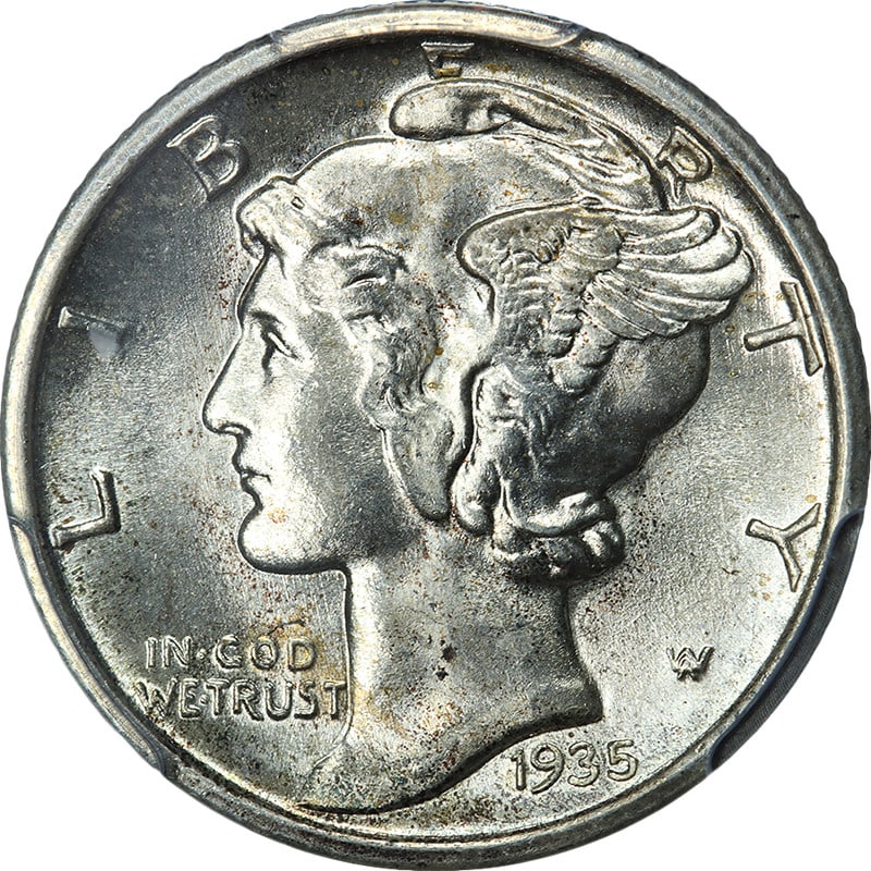PCGS MS65 FB 1935-S Silver Mercury Dime Uncirculated: PCGS MS65 FB 1935-S Silver Mercury Dime Uncirculated This 1935-S Mercury Dime is graded MS65 Full Bands (FB) by PCGS and is uncirculated. The coin features great eye appeal, fantastic luster, and a st