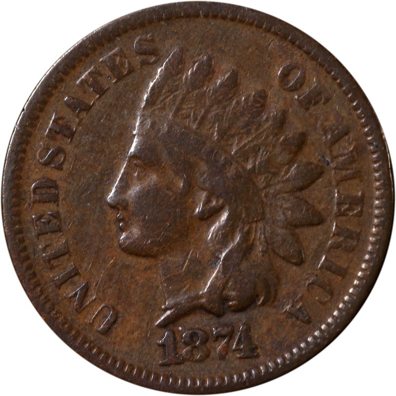 1874 United States Indian Head Copper Cent Circulated Uncertified: 1874 United States Indian Head Copper Cent Circulated Uncertified This is an 1874 Indian Cent from the United States, composed of copper. The coin is circulated and in pre-owned condition. It is uncer