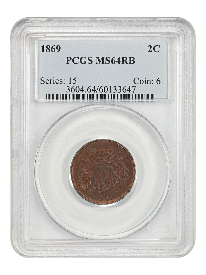 PCGS MS64RB 1869 Two Cent Coin Philadelphia Mint Uncirculated: PCGS MS64RB 1869 Two Cent Coin Philadelphia Mint Uncirculated This 1869 Two Cent coin is graded MS64RB by PCGS and is an uncirculated example from the Philadelphia mint. It features the RB (Red Brown)