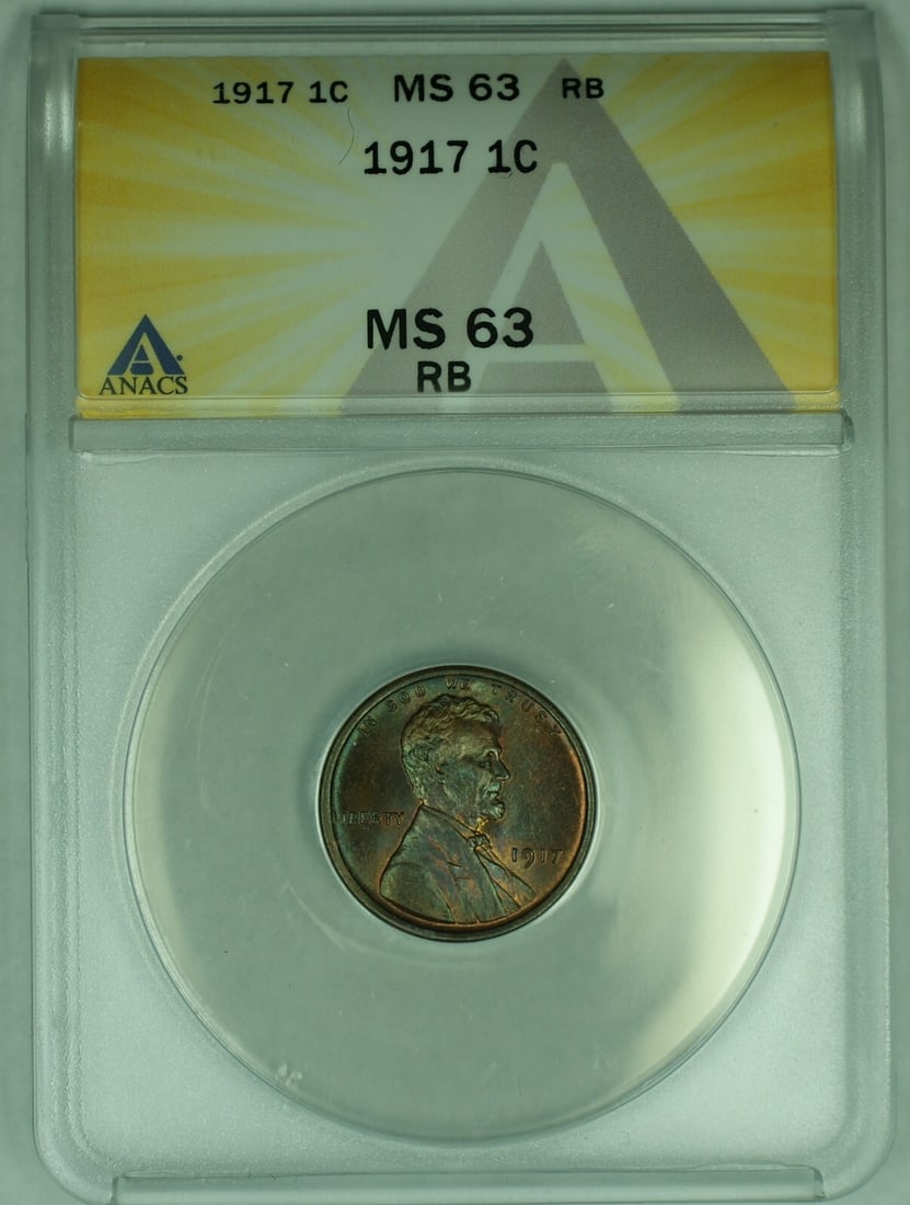 1917 Lincoln Wheat Small Cent ANACS MS 63 RB Certified Coin: 1917 Lincoln Wheat Small Cent ANACS MS 63 RB Certified Coin This 1917 Lincoln Wheat Cent is a small cent coin from the United States, certified by ANACS with a grade of MS 63 and an RB (Red-Brown) col