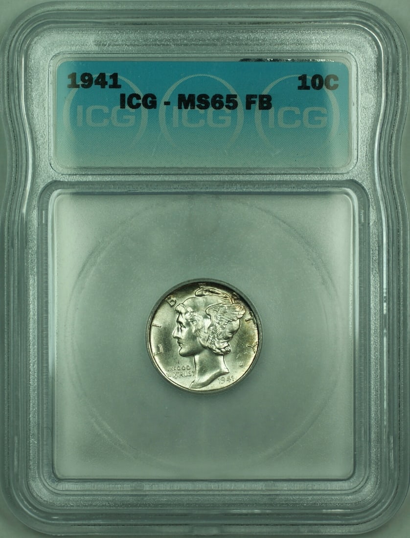 1941 10C Mercury Dime Silver ICG MS-65 Full Bands Certified: 1941 10C Mercury Dime Silver ICG MS-65 Full Bands Certified This 1941 Mercury Silver Dime features a denomination of 10 cents and is composed of 90% silver. Graded MS-65 with Full Bands designation by