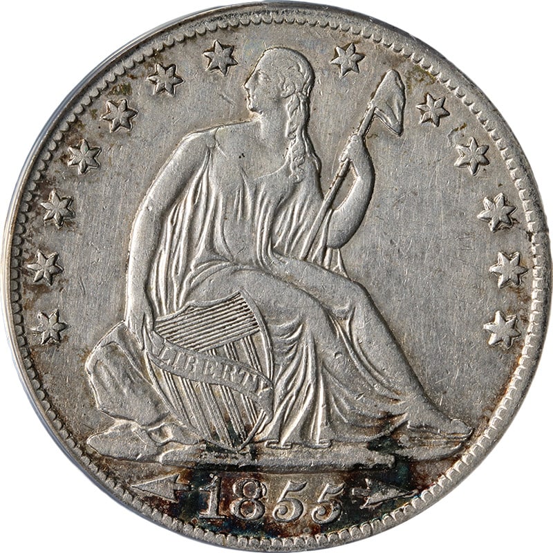 Silver 1855-O Seated Liberty Half Dollar ANACS EF45 Details Arrows Variety: Silver 1855-O Seated Liberty Half Dollar ANACS EF45 Details Arrows Variety This 1855-O Seated Half Dollar 'Arrows' coin is certified by ANACS with a grade of EF45 Details. It features decent eye appea